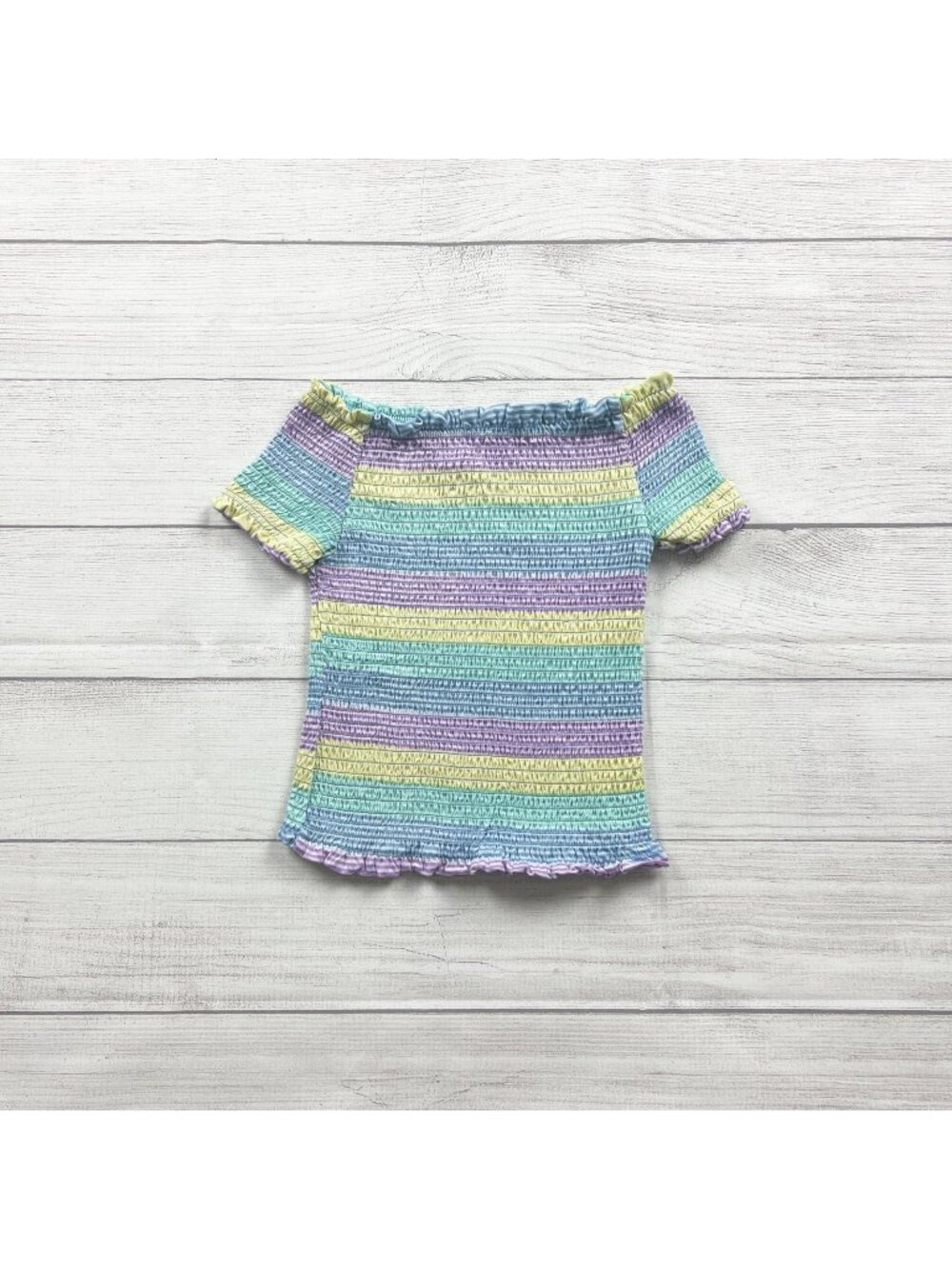 Beautees Girls Smocked Off-Shoulder Pastel Striped Top Short Sleeve 7-8